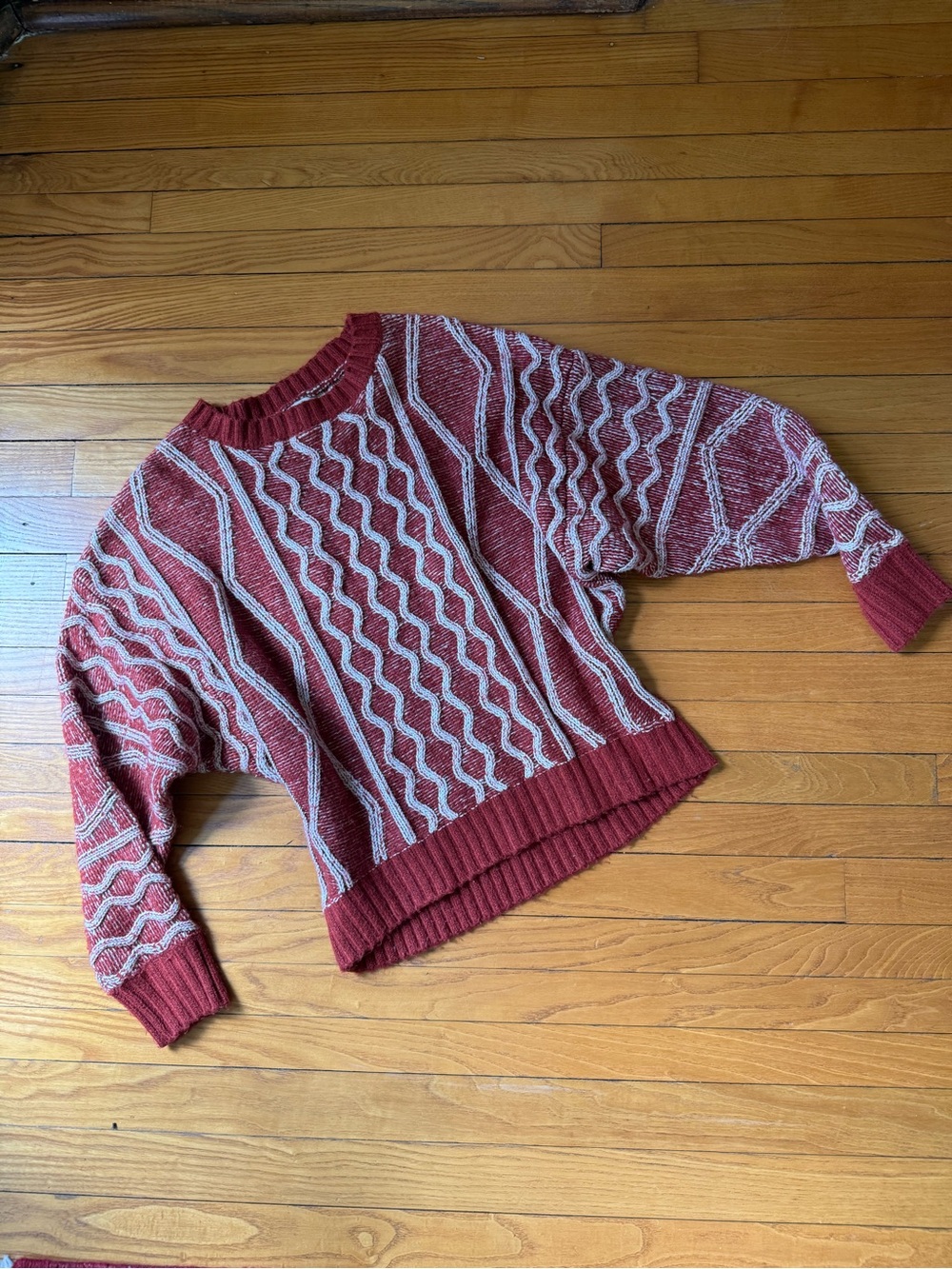 BKE Red and Cream Cable Knit Crewneck Sweater